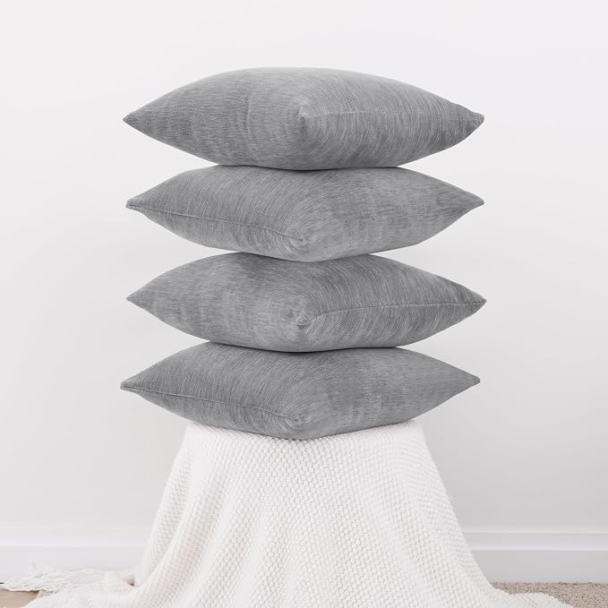 Set of 4 Grey Throw Pillow Covers 18x18 Inch, Neutral Boho Farmhouse Aesthetic Decorative Pillow Cases for Couch, Sofa, Living Room & Bed, Soft Chenille Pillow Cases, Stylish Home Decor, 45x45 cm