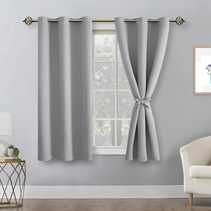 Hiasan Blackout Curtains for Bedroom - Thermal Insulated & Light Blocking Window Curtains for Living Room, 2 Drape Panels Sewn with Tiebacks, Silver Grey, 38 x 54 Inch