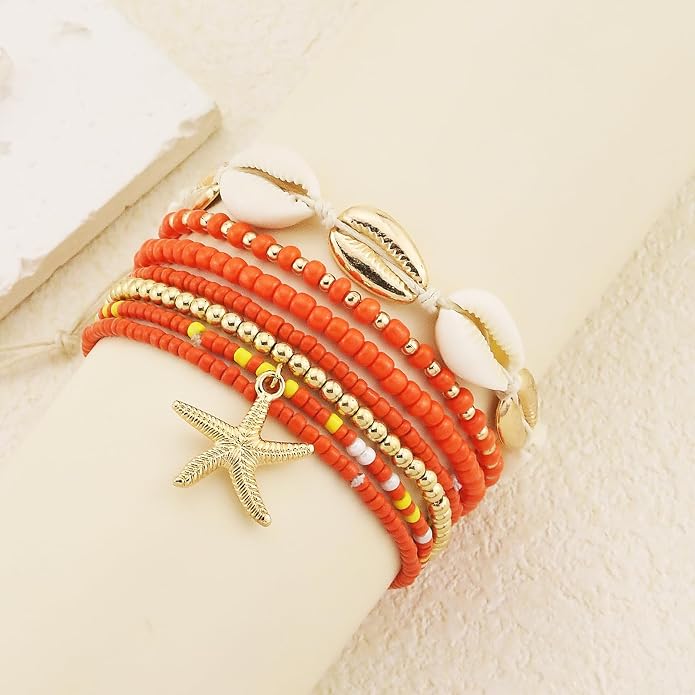 Shell Anklets Bracelet for Women Waterproof Surfer Starfish Bracelet Puka Shell Anklet Colorful Boho Stack Stretch Bead Bracelet Set Hawaii Summer Beach Vacation Foot Jewelry