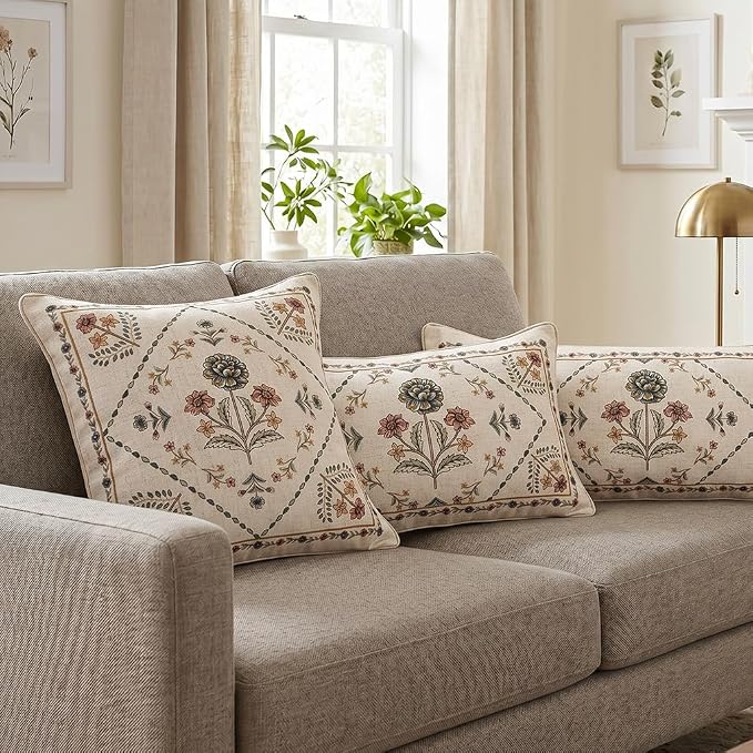 ISAENNE Designer Vintage Linen Throw Pillow Cover,28"x12"-Cornucopia B | Elegant French Rectangle Pillow Cover,Concealed Zipper Design,Floral Pattern,Sofas,Bedroom,Living Room,Lounge Chairs