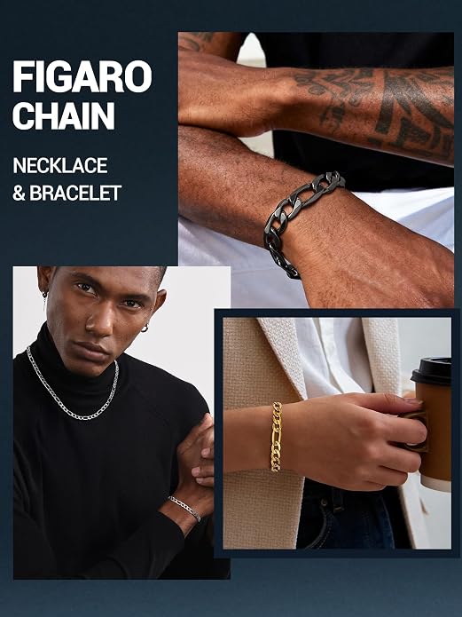 PROSTEEL Silver/Gold/Black Bracelets for Men Figaro Cuban Link, 6mm-13mm Width, 7.5"/8.3"/9" Length, Stainless Steel Mens Bracelet Jewelry with Gift Box