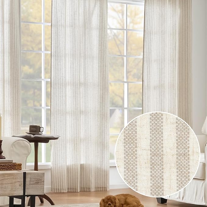 jinchan Linen Curtains 84 Inch Taupe Grey Stripe on Beige Back Tab 4 Panels | Curtains For Living Room Bedroom,Ticking Stripe Pattern, Farmhouse Cottage Core Rustic,Window Treatment,Light Filtering