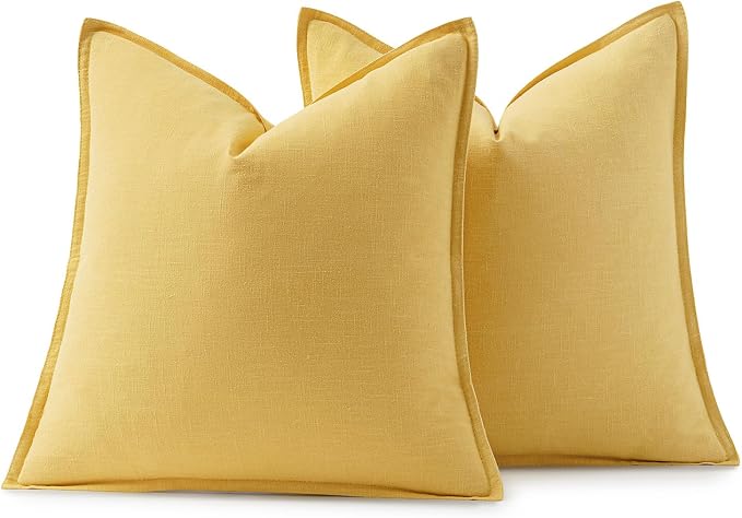 MIULEE Decorative Linen Pillow Covers 18x18 Inch Yellow | Boho Farmhouse Neutral Couch Throw Pillows for Bed, Pack of 2 Accent Modern Pillowcases, Sofa Livingroom Home Decor