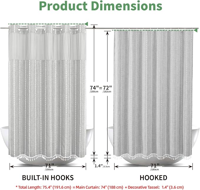 eachope Grey Farmhouse No Hook Shower Curtain Set with Snap-in Fabric Liner,Boho Heavy-Duty Linen Textured Rustic Striped Design,Water-Repellent with Tassels and Sheer Window,Gray,71x74