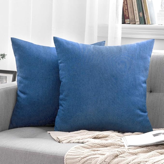 MIULEE Pack of 2 Decorative Outdoor Solid Waterproof Throw Pillow Covers Euro Sham Faux Linen Garden Farmhouse Coastal Cushion Cases for Summer Patio Tent Balcony Couch Sofa 24x24 Inch Blue