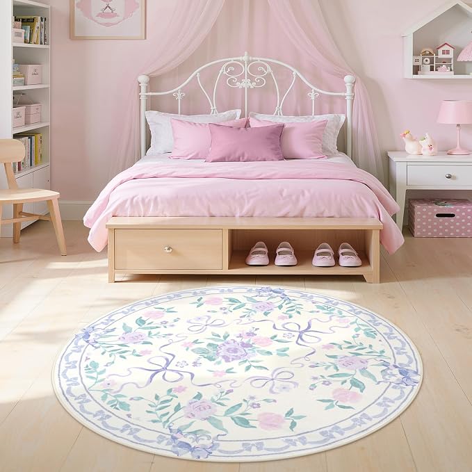 Collive Purple Bow Round Rugs for Girls, 4ft Floral Washable Circle Rug for Bedroom, Cute Ultra-Thin Non Slip Indoor Decor Carpet for Nursery Kids Room Playroom Living Room