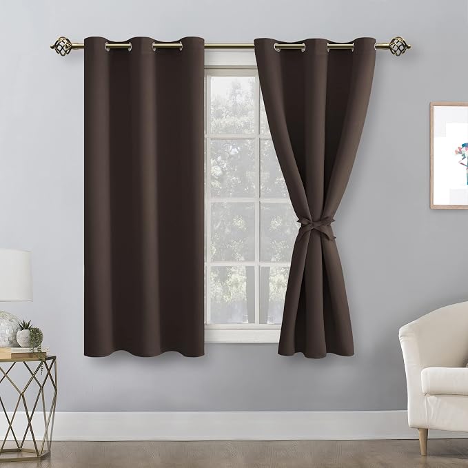 Hiasan Blackout Curtains for Bedroom - Thermal Insulated & Light Blocking Window Curtains for Living Room, 2 Drape Panels Sewn with Tiebacks, Brown, 42 x 54 Inch