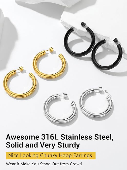 Stainless Steel Chunky Hoop Earrings For Women, Minimalist and Chic, Black/Gold Plated, Round Hoops Earrings Hypoallergenic, Size: 30mm/40mm/60mm/80mm, Come with Box