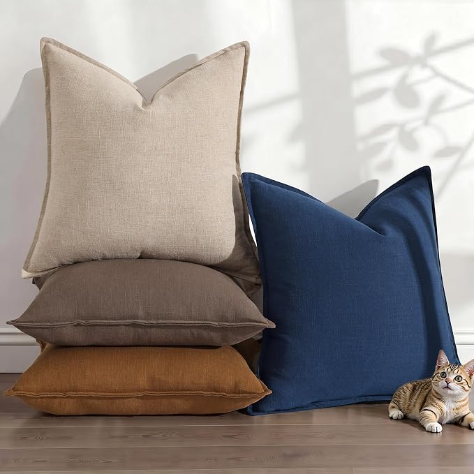 decorUhome Fall Blue Linen Throw Pillow Covers 12x20 Set of 2 | Decorative Soft Cozy Modern Farmhouse Boho Accent Pillow Cases with Flange Edges for Couch Bed Sofa Living Room Home Decor