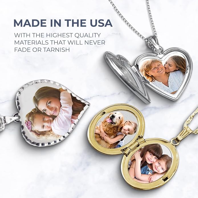 PicturesOnGold.com Forever In My Heart Locket Necklace for Women That Hold Pictures in Silver or Yellow Gold.