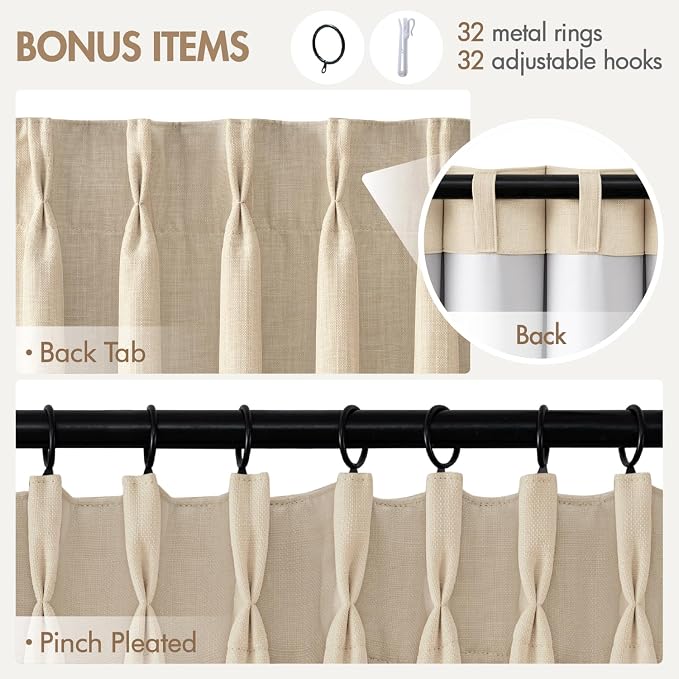 MIULEE Pinch Pleated 100% Blackout Curtains 40"x90" Long Sand 4 Panels Set | Thick Linen, Memory Trained Pleat, Back Tab Double Layer Drapes, Thermal Insulated, Curtain for Bedroom Living Room Darkening