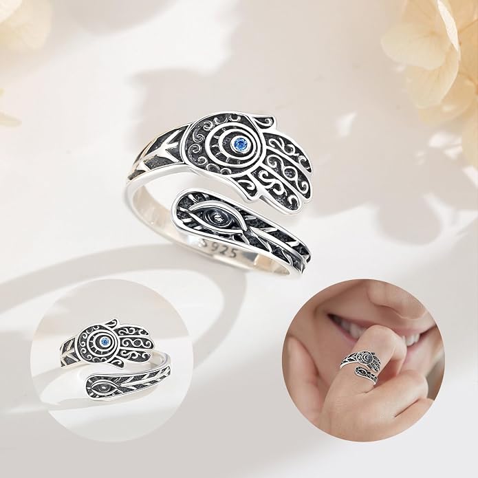 Vito 925 Sterling Silver Adjustable Open Spoon Ring for Women Men, Lotus Sunflower Snake Spoon Band Rings Feather Hug Witches Knot Inspirational Jewelry Gift for Wife