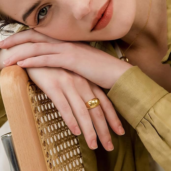NOKMIT Chunky Dome Rings for Women Dainty 14K Gold Silver Tone Cute Bold Dome Statement Ring Thick Minimalist Thumb Band High Polished Smooth Comfort Fit Size 5-10