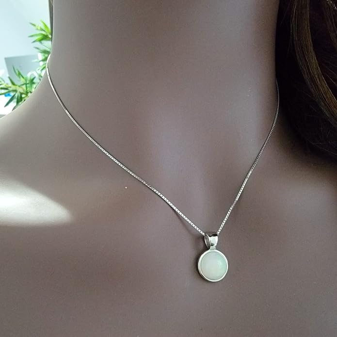 Natural gemstone 8mm round pendant with white gold over 925 sterling silver bezel cabochon plate and box chain, real genuine dainty birthstone gift for her, uniquelan jewelry