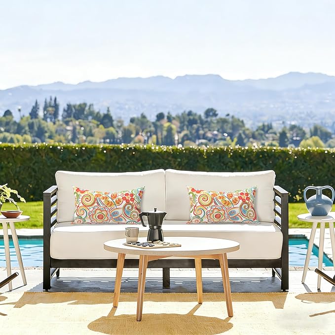 LVTXIII Outdoor/Indoor Lumbar Pillows, Decorative Patio Lumbar Cushions, Fluffy Water Repellent Garden Cushions for Home Patio Coach Sofa Use, 12×20 Inch, Pack of 2, Flower Multi