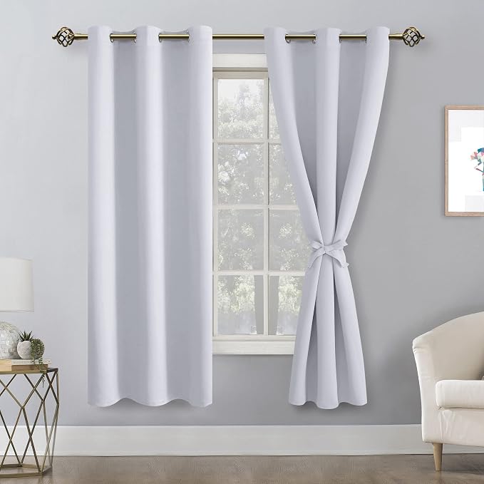 Hiasan Room Darkening Window Curtains for Bedroom, Thermal Insulated, Energy Saving Blackout Curtains, Set of 2 Panels, Sewn with Tiebacks, Grommet Top (Greyish White, Width 42 Inch x Length 63 Inch)