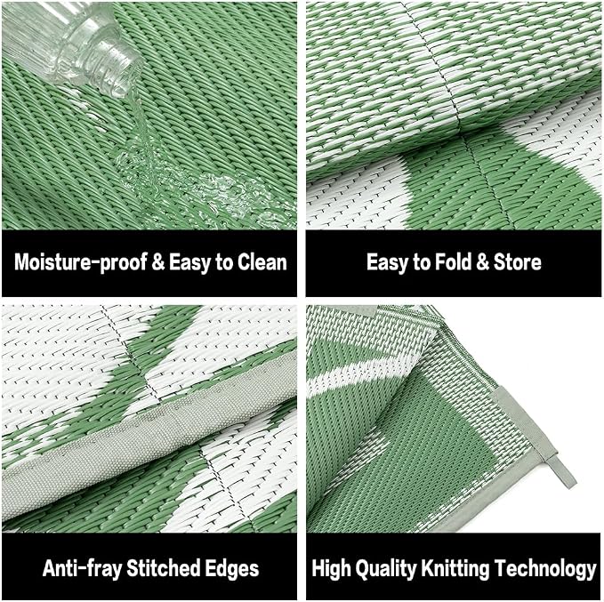 HUGEAR 6'x9' Outdoor Rug Waterproof Plastic Straw Rugs Green Reversible Olive Leaf Mat Floor Carpet for Camping RV Deck Entryance Porch Picnic Balcony Beach Backyard