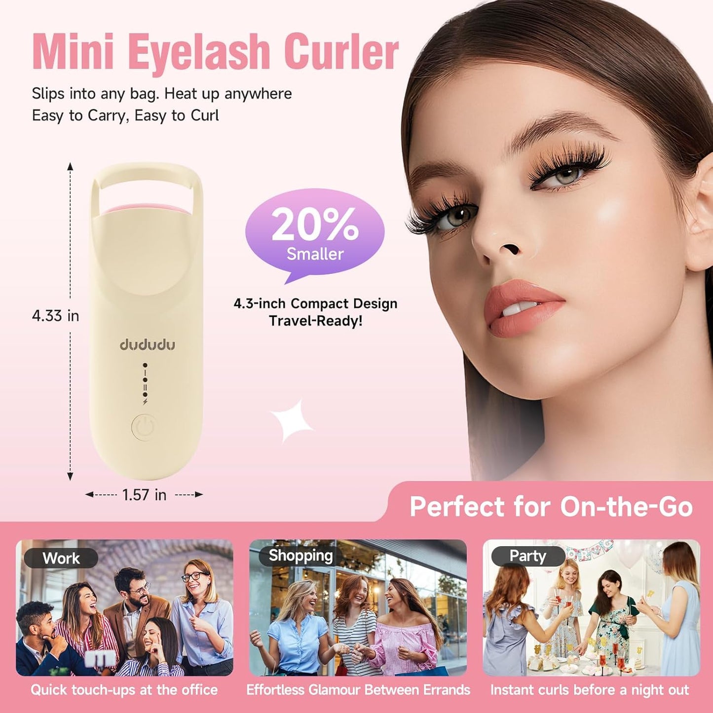 DUDUDU Heated Eyelash Curler, Portable Travel-Size Mini Electric Heated Lash Curler - 2-Level Adjustable Temp & Type-C Recharge, 10S Heat 3S Style 24H Lift for Long-Lasting Natural Effortless Curves