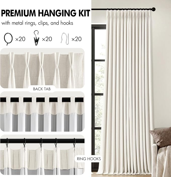 MIULEE Beige White Pinch Pleated 100% Blackout Linen Curtains for Bedroom, Room Darkening Memory Trained Window Curtains 108 inches Long for Living Room, Black Out Pleat Drapes, 2 Panels