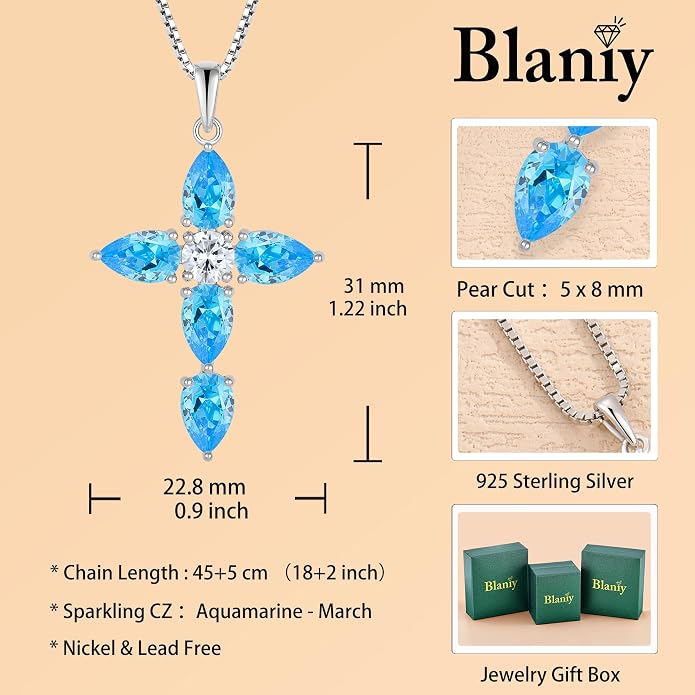 Cross Necklace for Women 925 Sterling Silver Teardrop Birthstone Pendant Religious Jewelry Gifts for Women
