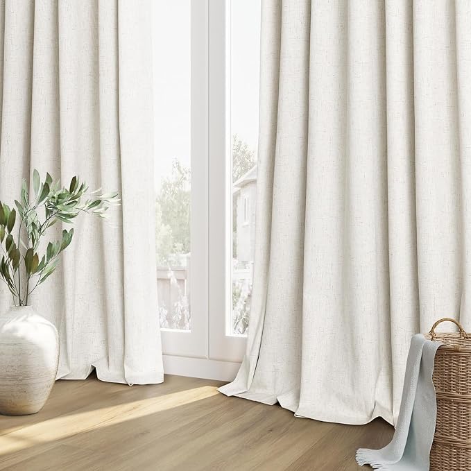 Extra Long 100% Blackout Linen Curtains for Bedroom 146 Inches Long Natural Cream Black Out Curtain Back Tab Thermal Insulated Room Darkening Window Drapes for Living Room 2 Panels Beige Ivory 52x146