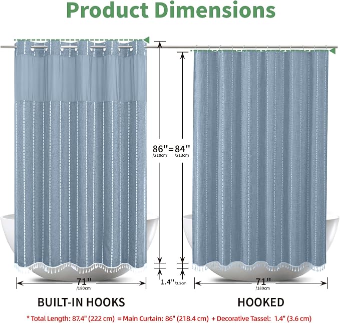 eachope No Hook Extra Long Shower Curtain Set with Snap-in Liner,Linen Textured Thick Striped Fabric with Tassels,Boho Chic Modern Farmhouse Bathroom Curtain,Water-Repellent,Blue,71x86