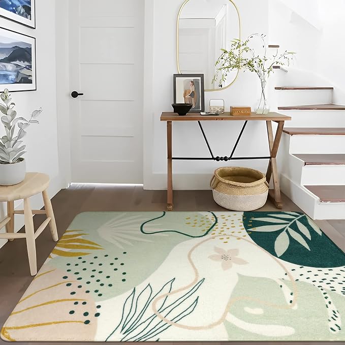 Lahome Sage Green Boho Area Rug 5x7, Washable Non Slip Soft Botanical Rug for Living Room Bedroom Cozy Home Decor