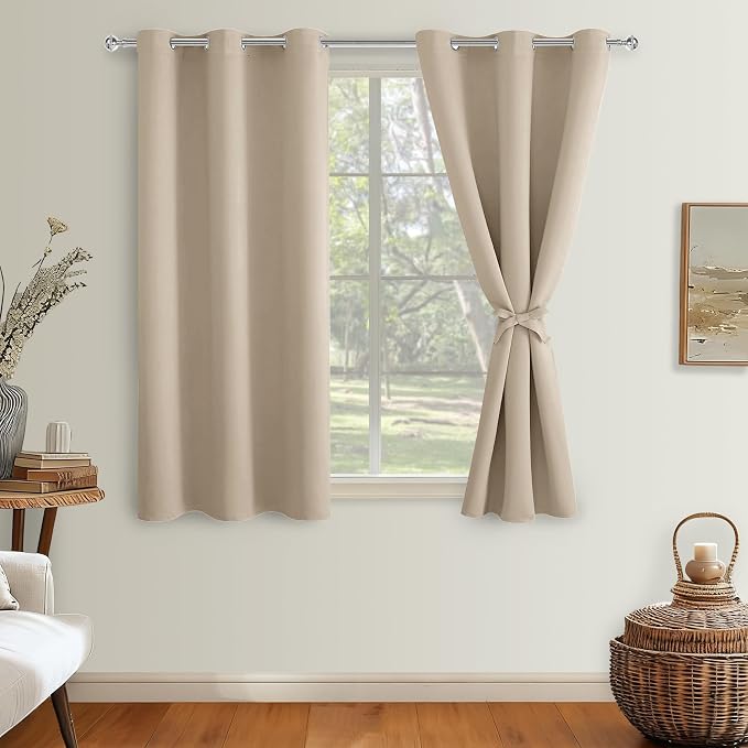 Hiasan Short Blackout Curtains for Bedroom - Thermal Insulated & Light Blocking Window Curtains for Living Room, 2 Drape Panels Sewn with Tiebacks, Taupe, 42 x 45 Inch
