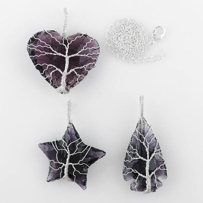 (3pcs) (Tree of Life Craft) Raw Purple Sea Glass Rough Crystals Pendant Necklace, Heart & Star & Arrow Shapes, Wire Wrapping, Women Jewelry, Dainty Silver Plated Chain 18 inch