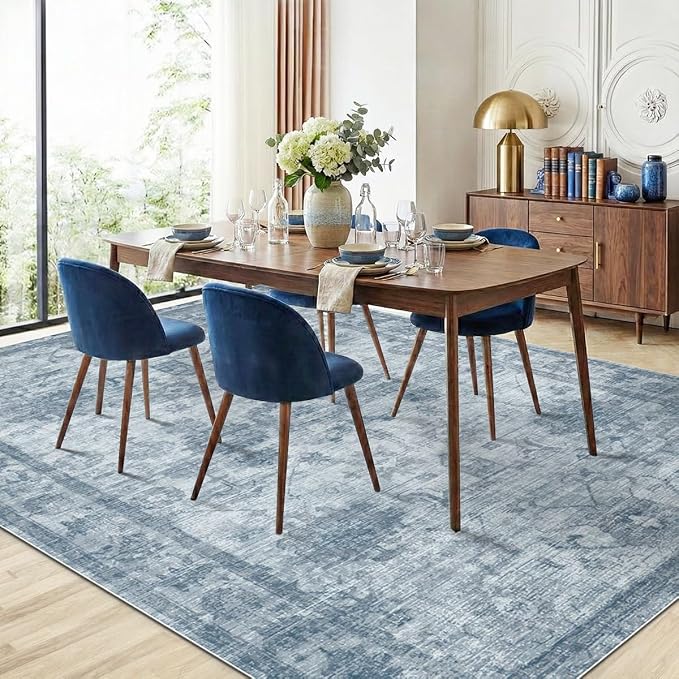 Homemate Washable Rug 6x9 Area Rugs - Vintage Faux Wool Rugs for Living Room Bedroom Dining Room - Non Slip Foldable Carpet Indoor Area Rug for Home Decor(6'x9', Blue