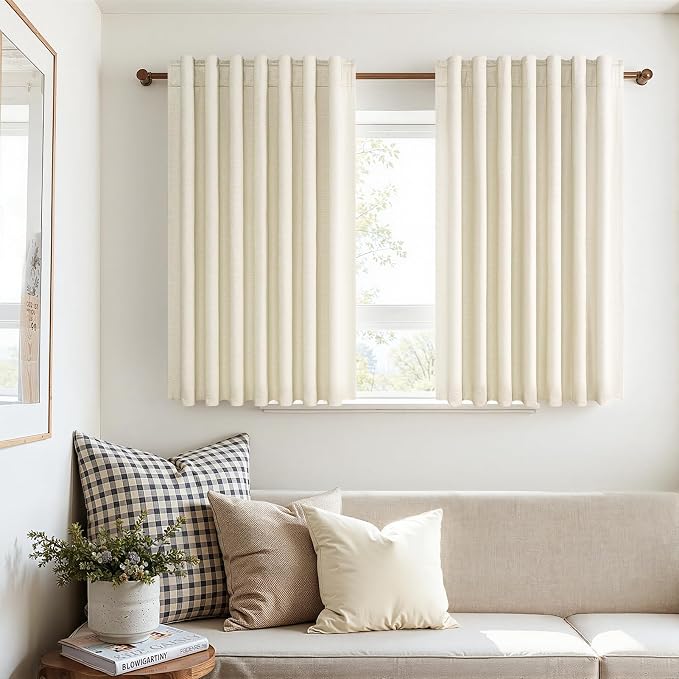 Topfinel 45 Inches Long Linen Blackout Curtains Tiers for Small Window 2 Panels Set Cream White Ivory Linen Short Drapes for Kitchen Bathroom Curtain Hook Belt Pleated Back Tab (W52 xL45)