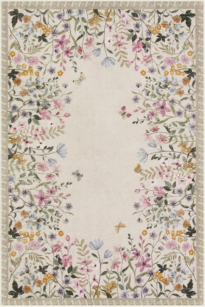 Wonnitar 5x7 Area Rug for Living Room, Floral Washable Rug for Bedroom, Boho Botanical Nursery Rug, Non Slip Soft Farmhouse Carpet, Beige Kids Playroom Decor (5x7 Beige)