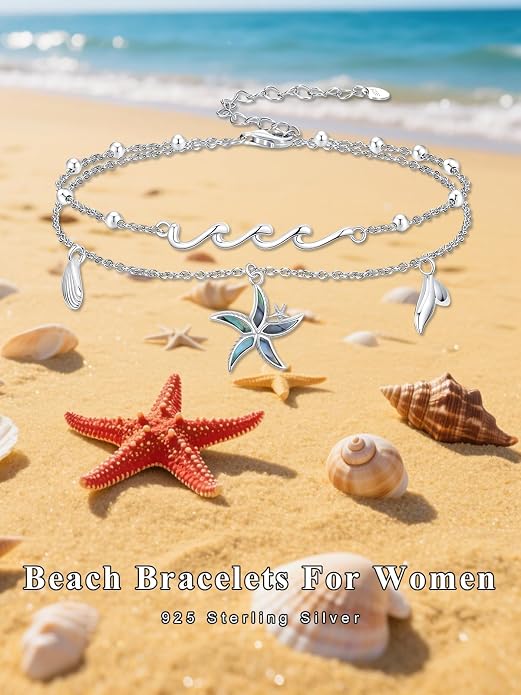Sea Turtle/Dolphin/Starfish/Seashell/Compass Bracelet for Women 925 Sterling Silver Ocean Wave Anklet Summer Hawaiian Jewelry Gift for Her