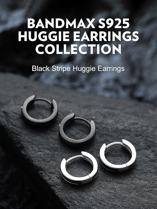 Bandmax 925 Sterling Silver Black Huggie Hoop Earrings 10mm Small Hypoallergenic Cartilage Piercing Jewelry for Women Men Gift