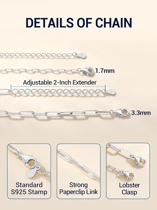 PROSILVER 925 Sterling Silver Paperclip Chain Necklace for Women Jewelry, with Gold/Rose Gold Plated, W: 1.7mm/3.3mm, L: 14"/16"/18"/20"/22"/24", Adjustable, Come with Box