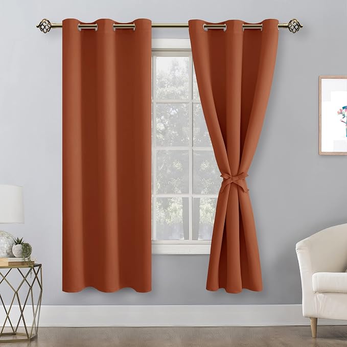 Hiasan Fall Blackout Curtains for Bedroom, 38 x 63 Inches Length - Thermal Insulated & Light Blocking Window Curtains for Living Room Home Decor, 2 Drape Panels Sewn with Tiebacks, Burnt Ochre