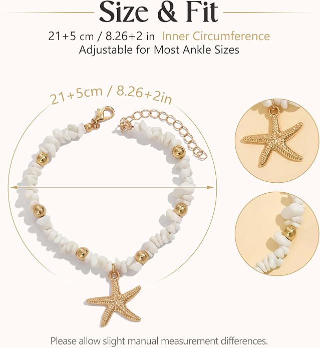 Fesciory Shell Ankle Bracelets for Women, Gold Plated Boho Anklet Set with Pearl Beads Starfish Conch Seashell, Adjustable Summer Beach Hawaiian Foot Jewelry Gift