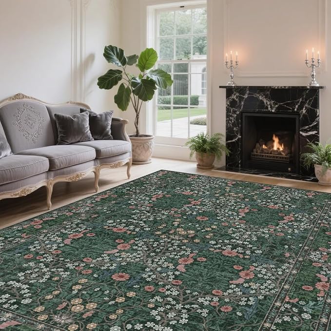 Area Rug for Living Room, 10x12 Large Washable Rugs for Dining Room, Bedroom, Non Slip Stain Resistant Carpet, Low Pile Vintage Floral Rug (Green)