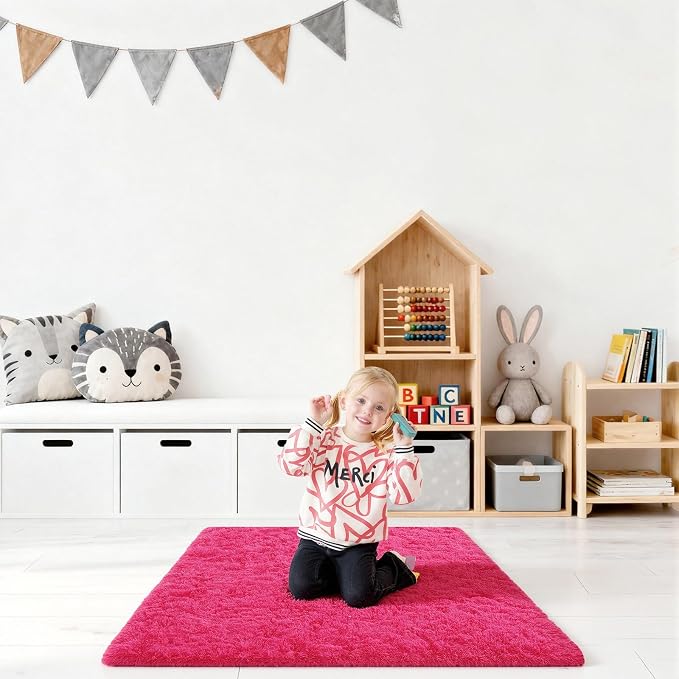 2x3 Rugs for Bedroom, Fluffy Area Rugs for Living Room, Small Fuzzy Shag Soft Carpet with 4 Non-Slip Adhesive Strips for Kids Boys and Girls Nursery Dorm Room Home Decor (2ft X 3ft, Hot Pink)