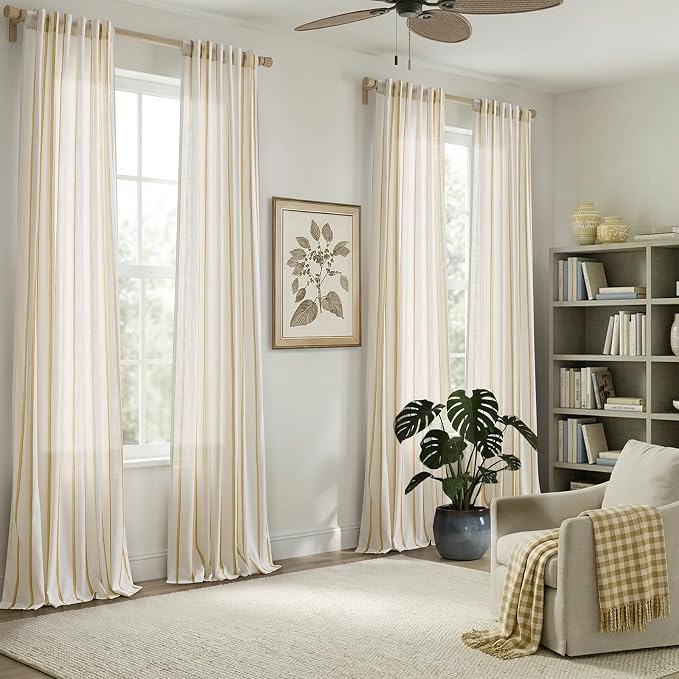 Vangao Striped Curtains Yellow on White Semi Sheer Curtains 96 Inches Long for Living Room Bedroom Modern Farmhouse Linen Textured Light Filtering Drapes 2 Panels Mustard Yellow W50 x L96 Inch