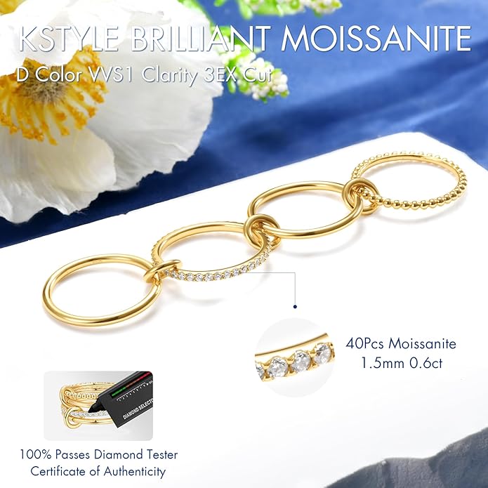 Kstyle Interlocked Stackable Rings for Women,14K Gold Plated 925 Sterling Silver,Moissanite Spinelli Rings for Women,Connected Bands Stacking Jewelry