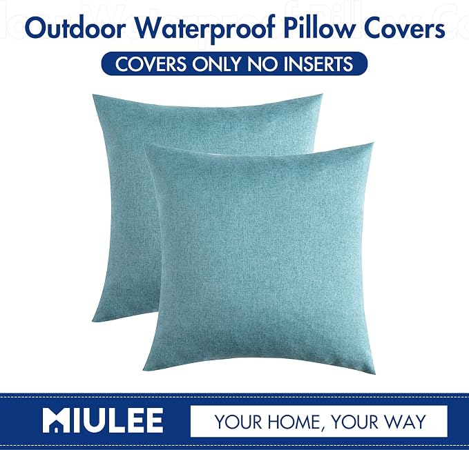 MIULEE Pack of 2 Decorative Outdoor Solid Waterproof Throw Pillow Covers Faux Linen Garden Farmhouse Coastal Cushion Cases for Summer Patio Tent Balcony Couch Sofa 18x18 Inch Turquoise