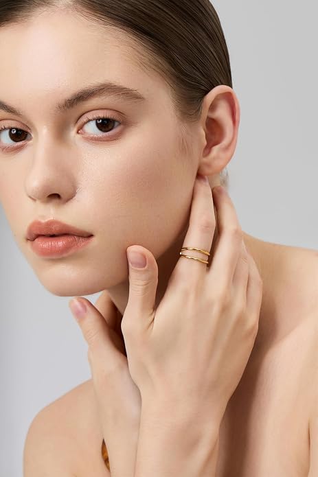 FRUMOS Gold Rings for Women,14K Gold Stacking Rings,Dainty Chunky Bamboo Heart Hammered Two Row Rings for Women Size 6/7/8/9