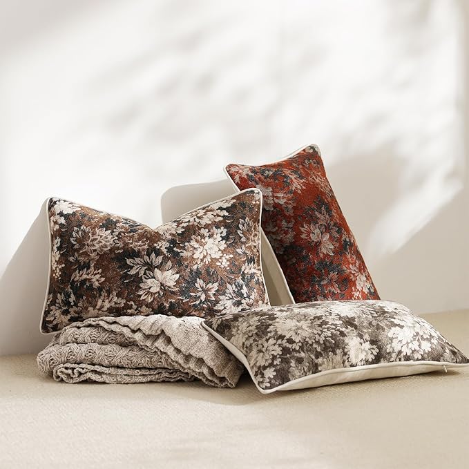 DEZENE Pack of 2 Vintage Floral Pillow Covers 12x20 Boho Farmhouse Accents Chenille Rectangular Lumbar Decorative Throw Pillow Cases for Living Room Couch Bed Home Decor, Grey