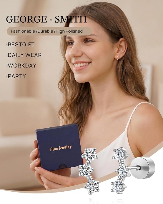 GEORGE · SMITH 4 Pairs Moissanite Earrings Set for Women 925 Sterling Silver Hypoallergenic Stud and Huggie Hoop Earrings Dainty Ear Stack Cartilage Earrings for Multiple Piercings Gift