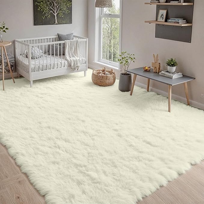 8x10 Area Rugs for Living Room Rug: Soft Fluffy Shag Cream White Rugs for Bedroom, Non-Slip Large Fuzzy Plush Rug Indoor Floor Carpet for Nursery Kids Boys Girl Room, Dorm, Playroom, Modern Home Decor