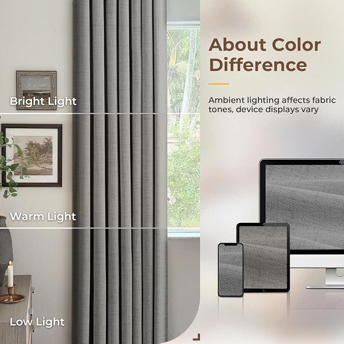 INOVADAY 100% Blackout Curtains for Bedroom, Dark Grey Black Out Curtains 120 Inch Long, Clip Rings Linen Blackout Drapes, Thermal Insulated Room Darkening for Living Room, 2 Panels - W50xL120