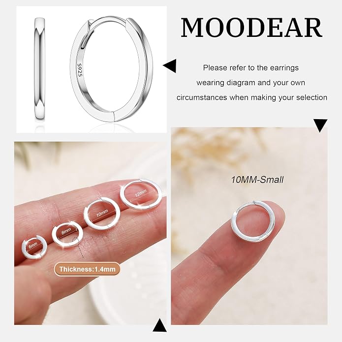 MOODEAR 925 Sterling Silver Hoop Earrings - Small Huggie Earrings for Women, Hypoallergenic Trendy Cartilage Silver Earrings, Lightweight Jewelry Gifts