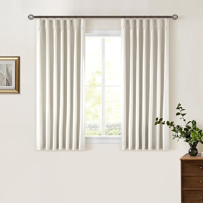 Cream Pleated 100% Blackout Linen Short 45 Inch Curtains 2 Layers Natural | Memory Trained Pinch Pleat with Back Tab, Thermal Insulated, Noise Reducing, Black Out Curtains for Cafe Kitchen 2 Panels