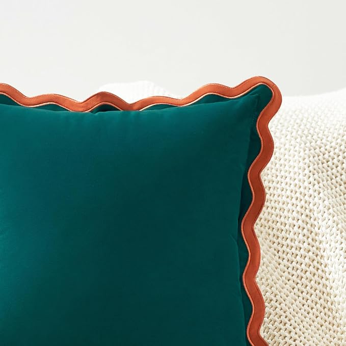 MONDAY MOOSE Decorative Throw Pillow Covers Cushion Cases, Set of 2 Soft Velvet Scalloped Wavy Edge Designs, Mix and Match for Home Decor, Pillow Inserts Not Included (20x20 inch, Coral/Dark Teal)